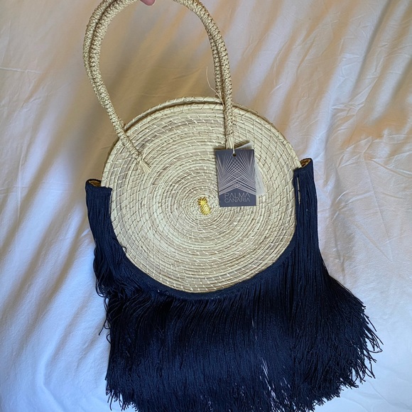 Palma Canaria Navy Fringe Straw Bag - Picture 3 of 6